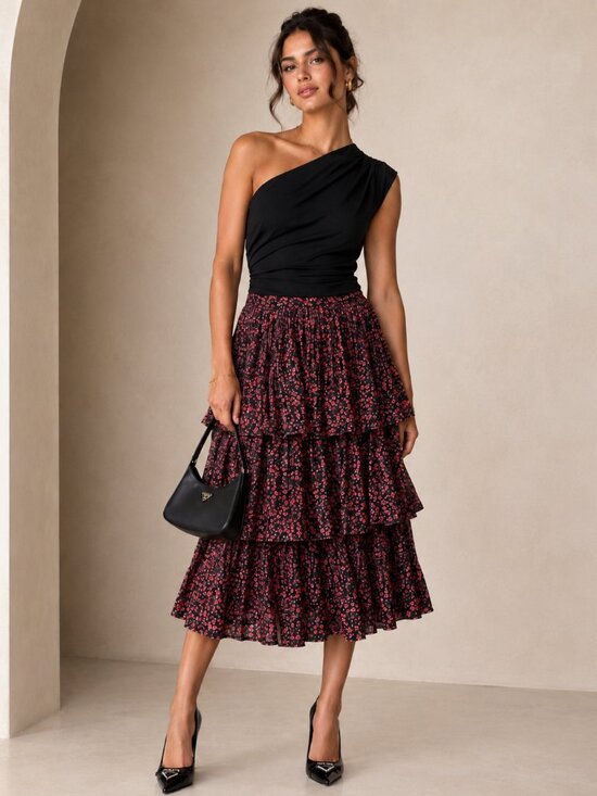 Lulus Dresses & Skirts - Lulus Duarte Black and Red Floral Pleated Tiered Ethereal Midi Skirt (Size M)